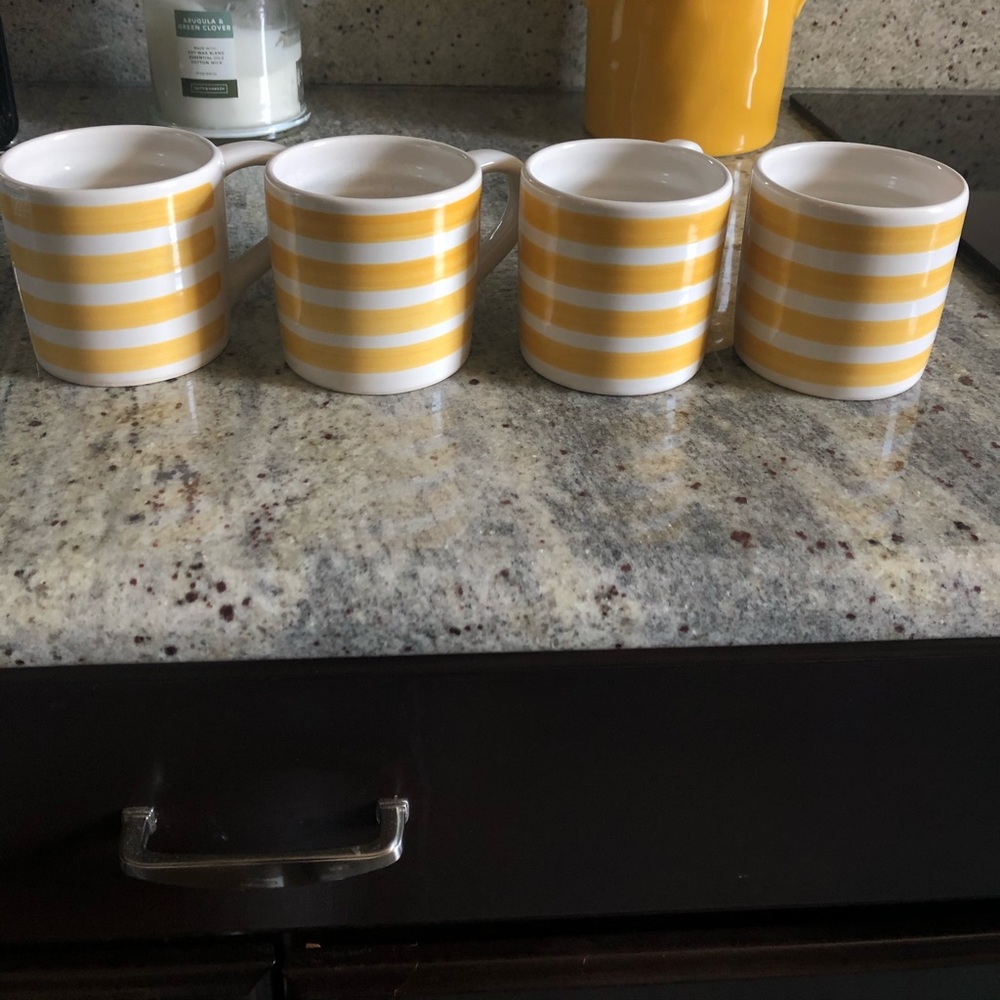 Pottery Barn yellow striped mugs, set of 4